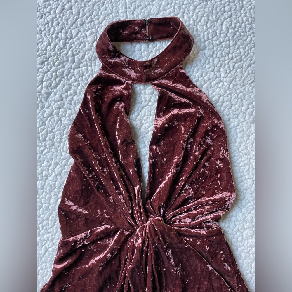 ASTR burgundy crushed velvet halter romper, size XS